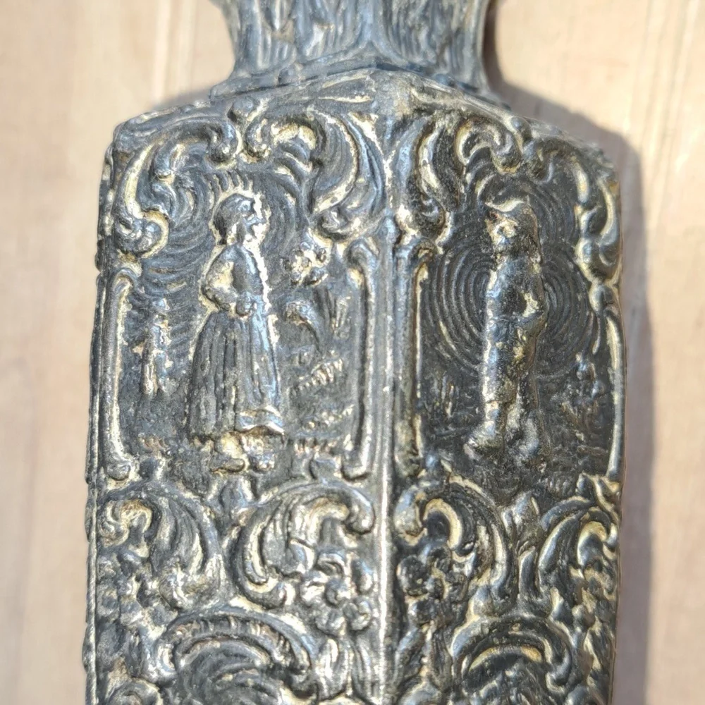 Vintage Old Dutch-Style Embossed Pewter Vase with Windmill & Figurine Motif